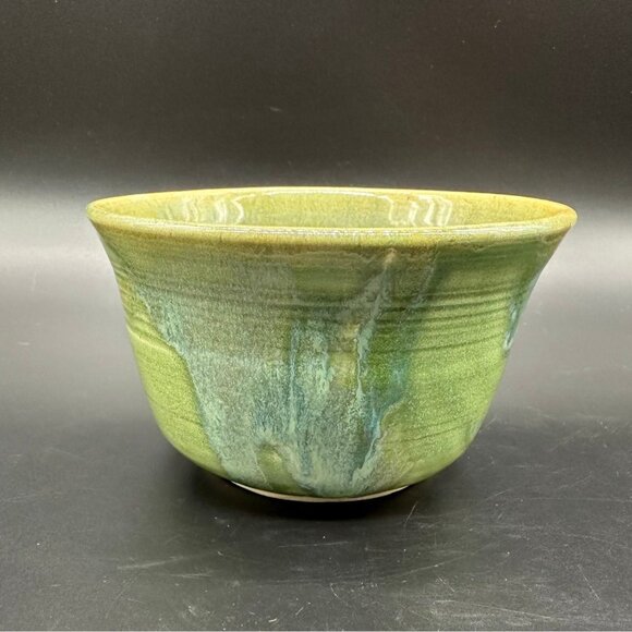 Art Pottery Bowl Green Blue Drip Swirl Glaze Unique Signed Gan Handmade Dish - Picture 2 of 10